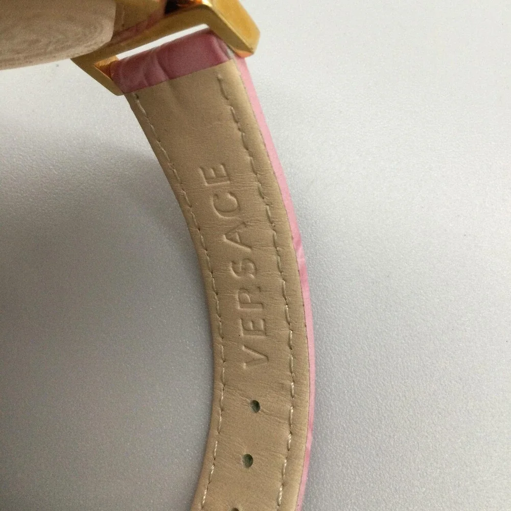 Versace Womens Watch 35mm Pink Dial Gold Tone Leather Swiss Medusa New Battery